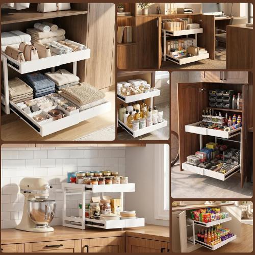2-Tier Expandable Pullout Cabinet Organizer,Adjustable Width Metal Shelves