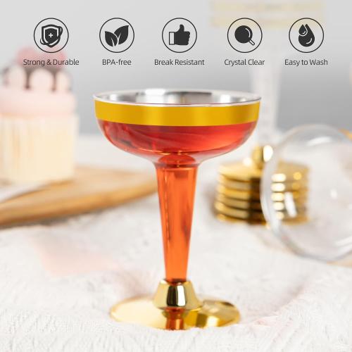 Lullaby 50PCS 5oz Plastic Champagne Coupe Glasses with Gold Rim, Elegant Plastic Champagne Glasses, Unbreakable and Crystal Clear, Perfect for Weddings, Parties, Birthdays, and Special Occasions