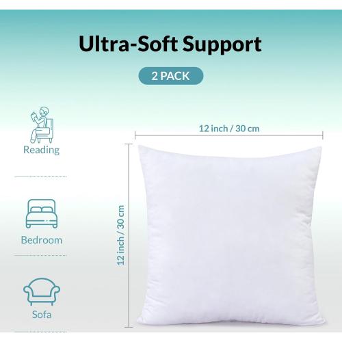 ROYALE LINENS 12 x 12 Pillow Insert - Down Alternative Throw Pillows Insert - Square Pillow Pack of 2 White - Bed & Couch Pillows - Inner Cushion for Bed, Cushion for Living Room - Shams Stuffer
