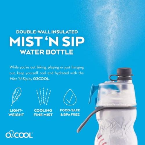 O2COOL Mist 'N Sip Misting Water Bottle 2-in-1 Mist And Sip Function With No Leak Pull Top Spout Reusable Sports Water Bottle - 20 oz - Baseball
