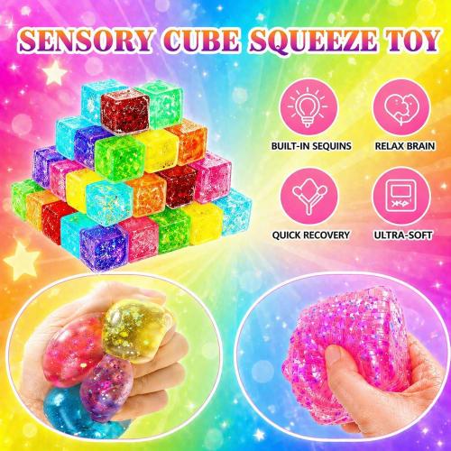 12 Pack Glitter Stress Cubes Sensory Fidget Toys for Kids Adults, 8 Colors Squishy Cube Stress Balls, Anxiety Relief Squeeze Toys for Classroom Prizes Party Favors Easter Basket Stuffers