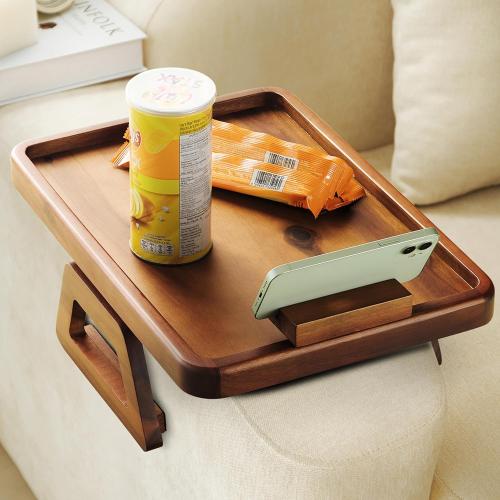 Tinamo 15.7 x 11 Large Couch Arm Table with 360 Rotating Phone Holder - Sofa Arm Clip Table for Living Room - Sofa Armrest Tray Wide Couches - Wooden Side Tables for Eating and Drink (Acacia Wood)