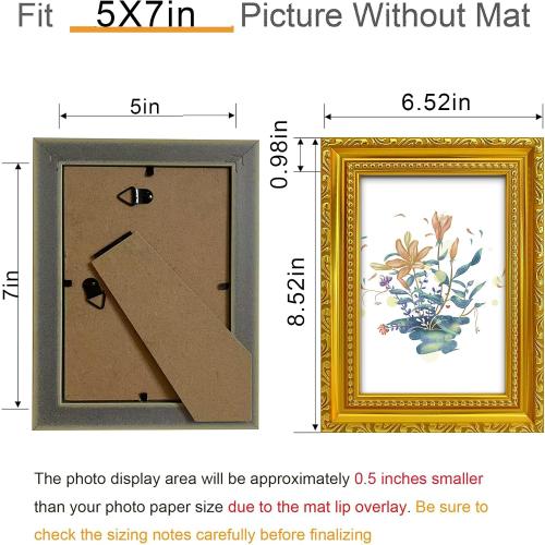 BESCRCL 5x7 Picture Frame Gold with Real Glass, Ornate Vintage 5 x 7 Photo Frames for Wall and Tabletop Display, Set of 4