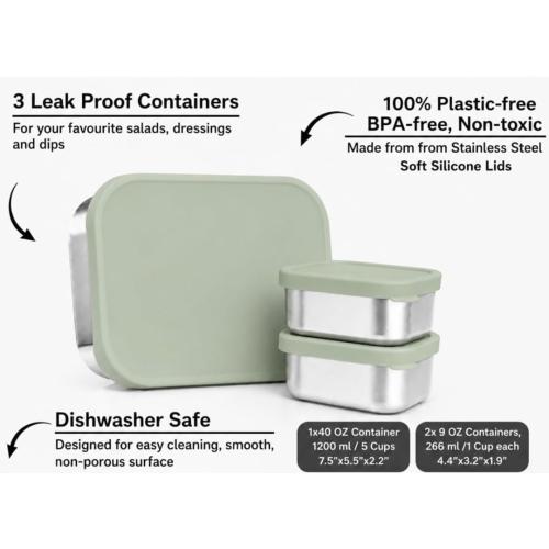 Modaniam Flexibento Leak Proof 40 OZ Stainless Steel Lunch Box, Silicone Lids, Sage Set of 3