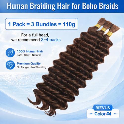 Human Braiding Hair for Boho Braids, 20 Inch 110g Deep Wave Bulk