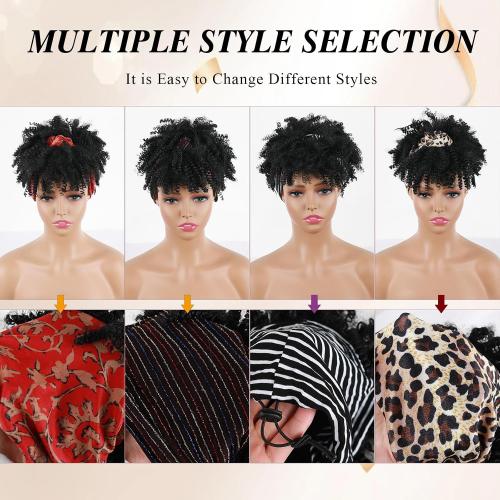 Aisaide Black Short Afro Headband Wigs for Women Synthetic Afro Kinky Curly Headband Wig with Bangs for Black Women Natural Afro Puff with Bangs Turban Wrap-Wig