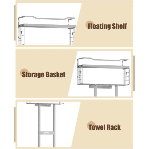 Aetyord Towel Racks for Bathroom - Wall Mounted Metal Rack with Wood Plank, Bathroom Storage Organizer, Towel Holder Stores 6 Large Rolled Towels Easily, All Grey