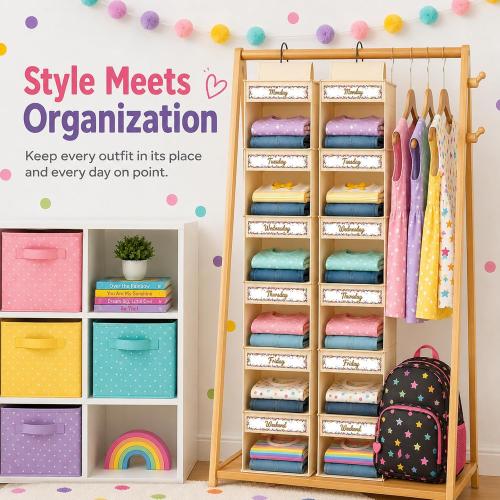 2 Pack 6 Shelf Weekly Clothes Organizer for Kids Hanging Daily Closet Organization White Background Colorful Confetti Decoration with Days of The Week Monday Through Friday Weekend Cards(Beige)