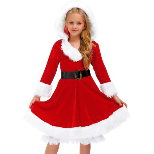 BesserBay Girls 2 Pcs Christmas Santa Claus Dress with Belt Red Velvet Hoodie Dresses 4-14 Years