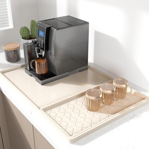 Rnivvi Silicone Coffee Mat,  Waterproof Raised Edge Coffee Bar Mats for Espresso Machine Station Accessories, Heat Resistant Detachable Dish Drying Pad for Kitchen Counter, Dish Rack, Beige