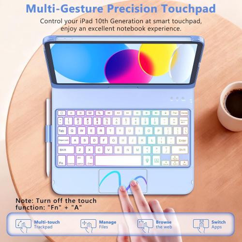 FUWANG Touch Keyboard Case for iPad A16 11th/10th Gen, 360° Rotating, Blue