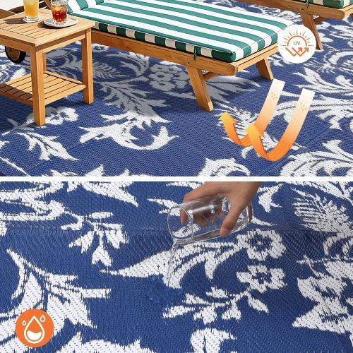 Garvee 9 x 12 Waterproof Outdoor Rug for Patio, Foldable Reversible Modern Area Rug, Floral Large Plastic Straw Mat for Camping, RV, Porch, Backyard, Deck, Picnic, Beach, Dark Blue & White