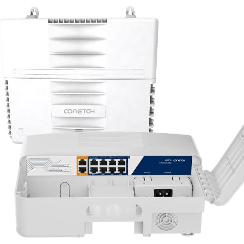 10 Port Outdoor PoE   Switch with 2 Gigabit Uplink, 120W Power, IP65 Waterproof, 6KV Lightning Protection, AI Watchdog & 250m Long Range for IP Camera/WiFi AP Surveillance