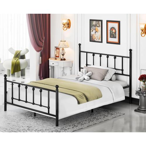 Vintage Metal Platform Bed Frame  Black 82.64 x 62.8 inch
