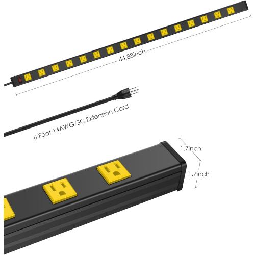 JUNNUJ Long Metal 16 Outlet Wide Spaced Power Strip, Yellow, 6 FT Cord | Heavy Duty Wall Mount Outlets for Garage Industrial Workshop, ETL Listed, 15A, 125V, 1875W