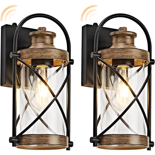 Dusk to Dawn Outdoor Wall Lights Fixtures, Waterproof Exterior Lighting Fixtures with Photocell Sensor,Vintage Faux Wood Grain Metal Cage Lantern Outside Lights for House Porch Patio Garage（2 Pack）
