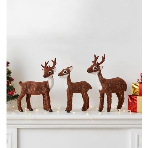 3 Pcs Christmas Reindeer Decor, Festive Holiday Decorations, Rustic Elk Ornaments, Handcrafted Tabletop Decor for Home, Office, Fireplace, Mantle (Brown)