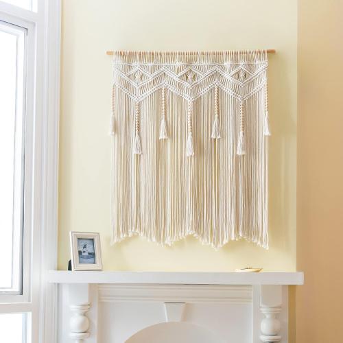 Mkono Macrame Wall Hanging Large Boho Decor Woven Wall Tapestry Chic Art Tassel Christmas Decoration for Backdrop over Bed Bedroom Nursery Dorm Classroom, Including Hanging Rod, 33''W x 42''H