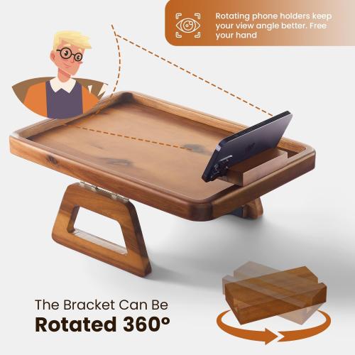 Tinamo 15.7 x 11 Large Couch Arm Table with 360 Rotating Phone Holder - Sofa Arm Clip Table for Living Room - Sofa Armrest Tray Wide Couches - Wooden Side Tables for Eating and Drink (Acacia Wood)