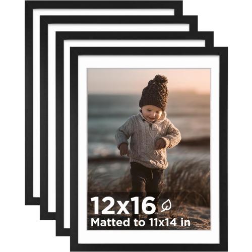 KINLINK 12x16 Picture Frame Black, Wooden 16x12 Photo Frames with Plexiglass for 11x14 Picture with Mat or 12x16 Without Mat, Perfect for Art Wall and Tabletop Display 12 x 16 frame Set of 4