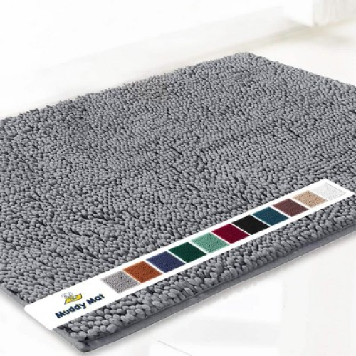 Muddy Mat Highly Absorbent Soft Chenille Door Mat and Pet Rug Non Slip Thick Washable Area and Bath Mat for Indoor & Outdoor-Grey Small 18x28