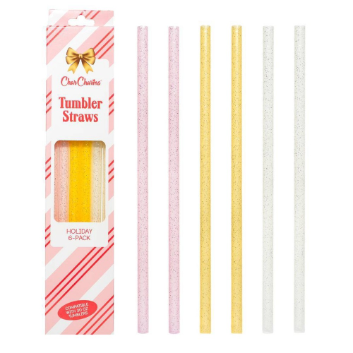 CharCharms 6pk 30oz Holiday Glitter Water Bottle Straws Pink/Gold/White