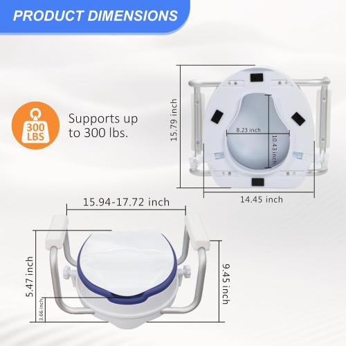 5‘’ Raised Toilet Seat with Handles, Fit Round Toilet | Add 5 inch|With Cushioned|300 lbs|Includes lid|Adjustable Width|Blue color|for bathroom use