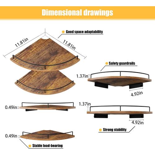 Corner Floating Shelves, Rustic Brown Wood, Set of 2, Wall Mount Storage with Guardrail for Bathroom Kitchen Living Room