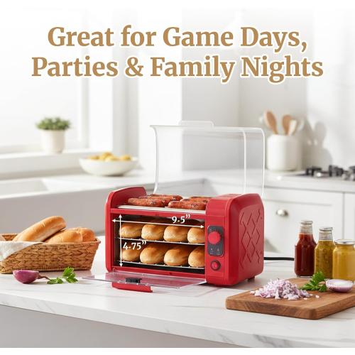 Elite Gourmet 8-Hot Dog Roller/Toaster Oven, 5 Rollers, Auto Shut-Off, Red