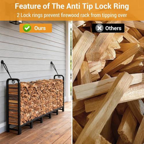 Garvee 8 ft Metal Firewood Rack, Adjustable Fire Wood Rack with 2 Lock Rings, Indoor Outdoor Log Holder, Heavy Duty Firewood Holder, Holds Up to 660 LB, Matte Black