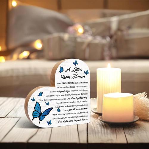 Haizct A Letter From Heaven Butterfly Wooden Heart Plaque Sign, Bereavement Condolences Grief Gifts, Memorial Verse Desk Decor Gifts for Women Mom Dad Sister BFF, Sympathy Gifts for Loss of Loved