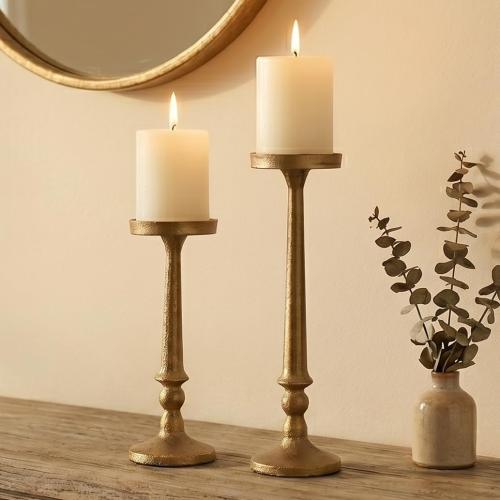 BANOMII Vintage Iron Pillar Candle Holders Set of 2, Antique Brass Gold