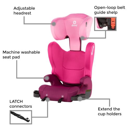 Diono Cambria LE, 2-in-1 Belt Positioning Booster Seat,Backless and High-Back Booster seat for Children from 40—120 lb,17 Wide,6 Headrest Positions,Lightweight with Latch,Pink