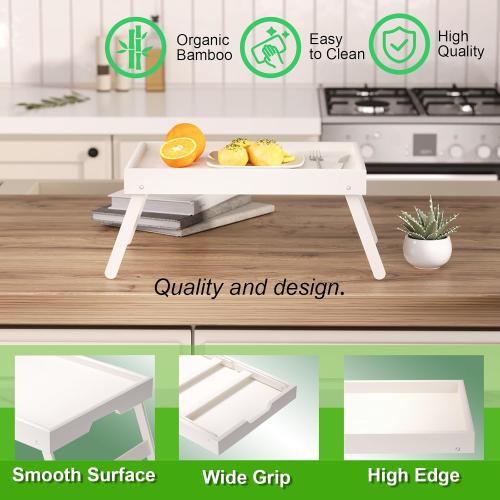 Fibogollo 4 Pack Bamboo Bed Tray Table with Folding Legs,Breakfast Trays,Serving Tray for Food and Snack,Laptop Trays for Working(White)