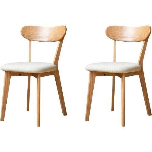 100% Solid Oak Dining Chairs, Mid Century Modern Dining Chair with Curved Backrest, Fabric Upholstered Dining Chairs for Kitchen, Study, Living Room (2, Original Wood-Pear White Cushion)