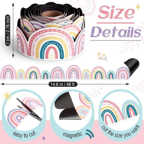 Tenceur 48 ft x 2.76 Inch Rainbow Magnetic Whiteboard Border,Happy Color
