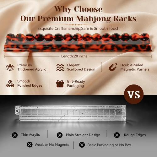 1 PC Mahjong Rack with Magnetic Pusher, 20 Inch Orange Tortoise Premium Thickened Acrylic Scalloped Mahjong Rack with Pusher for American Mahjong, Gift for Mahjong Lovers