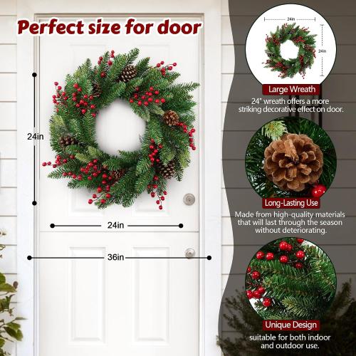 Large Outdoor Christmas Wreath, 24 Inch Christmas Wreaths for Front Door Outside, Farmhouse Indoor Winter Wreath Window, Home Decorations with Pine Cones, Red Berries, Evergreen Leaves