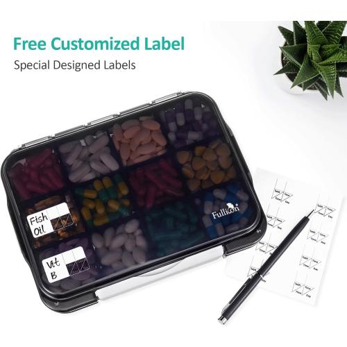 Fullicon Moisture Proof Travel Pill Organizer, 12 Large Compartments, Black