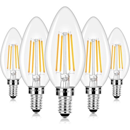 E12 LED Candelabra Bulbs 40 Watt Equivalent, 4W Vintage Candle Light Bulbs Dimmable, 470Lm Warm White 2700K B10 Edison Bulb, Filament Clear Glass Lamp Bulb for Chandelier Ceiling Fan (5 Packs)