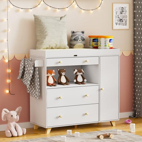 Latitude Run® Nursery Dresser With Baby Changing Table, Modern Diaper Changing Station, Dresser For Nursery With 2 Drawers & Shelves, Storage Crib With Changing Table