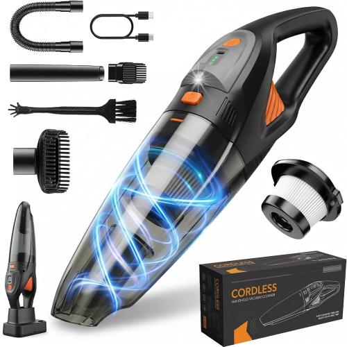 Handheld Vacuum Cordless, 25000Pa Powerful Suction Car Vacuum Portable Cordless with 2 Suction Modes & LED Light, Hand Held Vacuum Rechargeable with HEPA Filters, Home, Car Seats, Pet Hair Orange