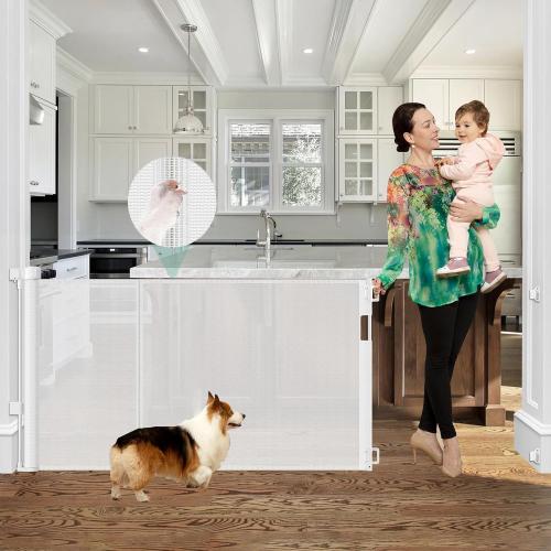 Reinforced 60 Wide Retractable Baby Gate with Reinforced Rods, 5 ft Retractable Dog Gate Indoor/Outdoor Baby Gate Retractable Gate - Bottom Anti-Escape, White