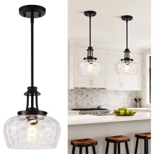 Modern Pendant Lights Kitchen Island, Matte Black Pendant Light Fixtures with 10 Clear Hammered Glass Shade, Industrial Hanging Pendant Lights Fixture for Kitchen Island Dining Room Bedroom Entryway