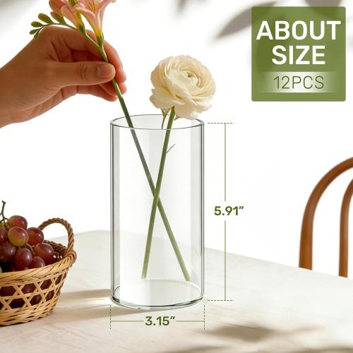 12pcs Glass Cylinder Vases for Centerpieces, 6 Inch Tall Flower Vase for Wedding Decorations, Hurricane Vases Floating Candle Holder for Table Centerpiece Wedding Home Décor