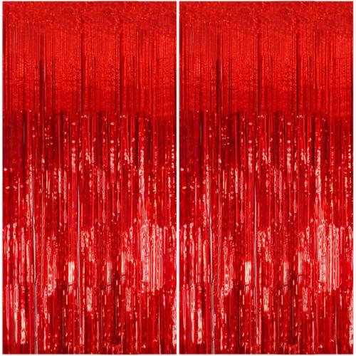 2 Pack Foil Curtain Backdrop Red Metallic Tinsel Foil Fringe Curtains Photo Booth Props for Birthday Wedding Engagement Baby Shower Bachelorette Christmas Holiday Celebration Party Decorations