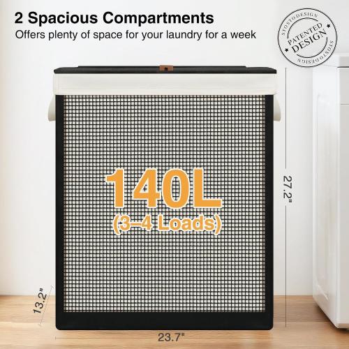 STO STO 2 Section Laundry Hamper with Lid, 140L Steel-Frame Double Laundry Hamper with Removable Washable Liner, Breathable Large Laundry Basket for Bedroom, Bathroom, Laundry Room, Dorm, Closet