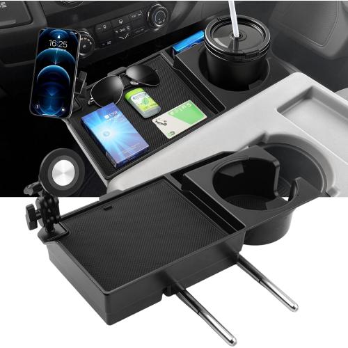 FIILINES Front Center Seat Headrest Organizer for 2011-2025 Ford F150 F250 F350 F450 F550 F650 Accessories, Coin Storage Box with Phone Holder and Large-Capacity Cup Holder (Jump Seat Only)