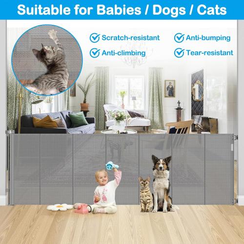 Reinforced 42 Extra Tall X 120 Extra Wide Retractable Dog Gate for Doorways Wide Pet Gate Indoor Prevent Kid/Pet Jumping Over Tall Retractable Baby Gates for Dogs Outdoor Dog Gates for Doorways,Gray