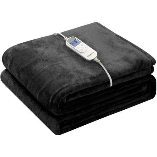 Wapaneus Foot Pocket Heated Blanket Electric Throw with 10 Heating Levels and 4 Timer Settings 4 Hours Auto Shut Off, Flannel Fast-Heating Heated Throw 50 x 60, Machine Washable, Black